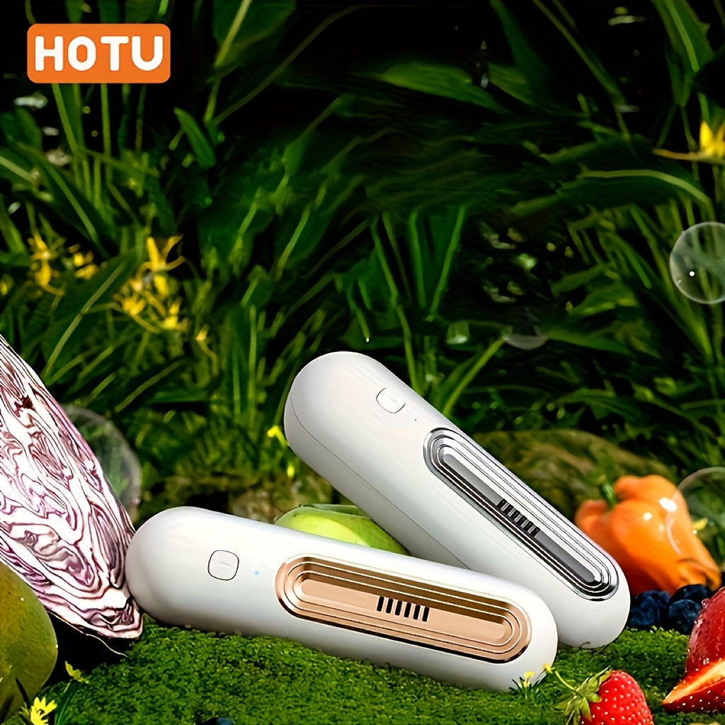 HOTU USB Rechargeable Refrigerator Odor Eliminator, Portable Air Purifier with Advanced Filtration, White with Golden Accents for Home & Office Use.