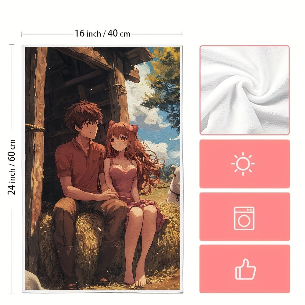 This set includes 2 ultra-soft kitchen towels with an anime couple seated on a heart-shaped hay bale at a farm, feeding animals. These dish towels are highly absorbent, perfect for holiday decoration, machine washable, and measure 40.64X60.96 cm.