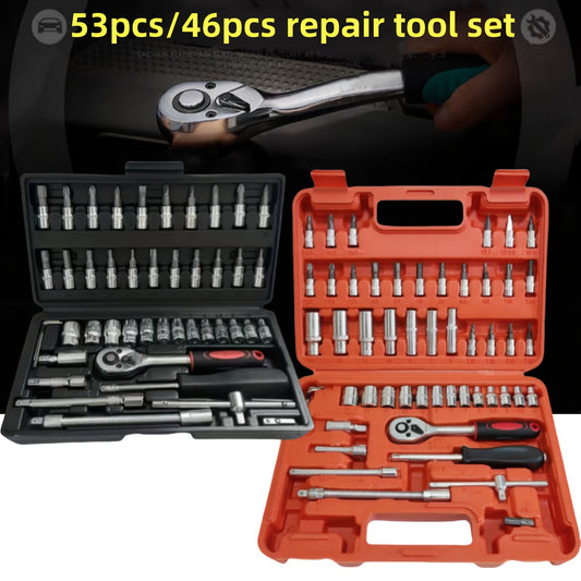 46-piece chrome vanadium steel socket wrench set with 1/4 inch drive, ratchet, universal joints, metric extensions, and drill adapter for automotive and home repair. Includes black storage