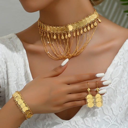 Stylish Four-Piece Set of Tassel Necklace, Coin Earrings, and Bracelet in 18K Gold Plating, Perfect for Everyday Wear