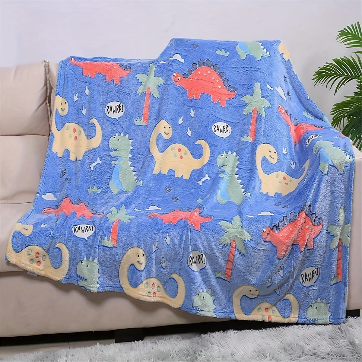 Soft Glow-in-the-Dark Dinosaur Blanket for Kids - Features Cute Cartoon Dinos and Palm Trees - Cozy, Lightweight, and Hypoallergenic - Perfect Gift for All Ages - Available in 3 Sizes