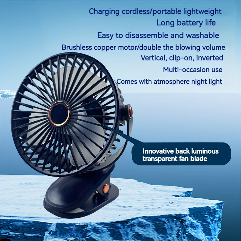 Portable USB Rechargeable Desk Fan with Nightlight - 1 Piece, 5 Speeds, 720° Rotation, Clip-On Design, Quiet Operation, Easy to Clean, Suitable for Indoor and Outdoor Use, Made of Durable Plastic, Includes Push Button Control and Built-in Lithium Battery.