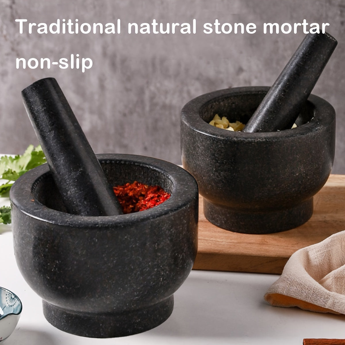 One piece of natural stone bowl designed for use in kitchens. This polished molcajete is perfect for grinding garlic, spices, and herbs. It can also be used as a traditional garlic crusher, grain and seed mill.