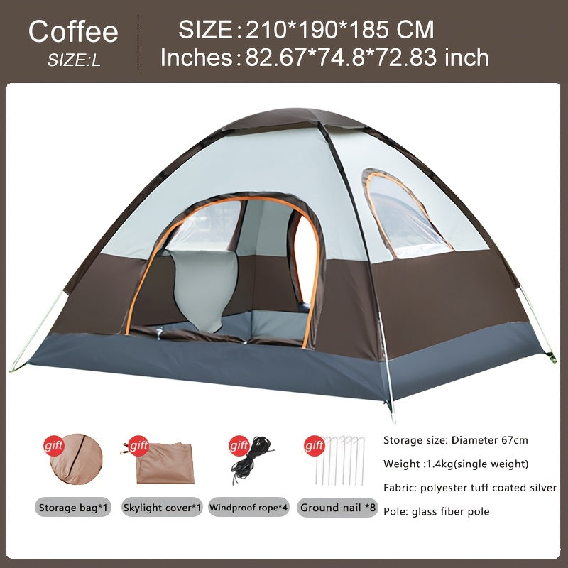 4-person round camping tent with UPF 50+ sun protection, easy setup, portable design, hydrophobic fabric, zipper closure, all-season use, glass fiber bracket, polyester material, ideal for