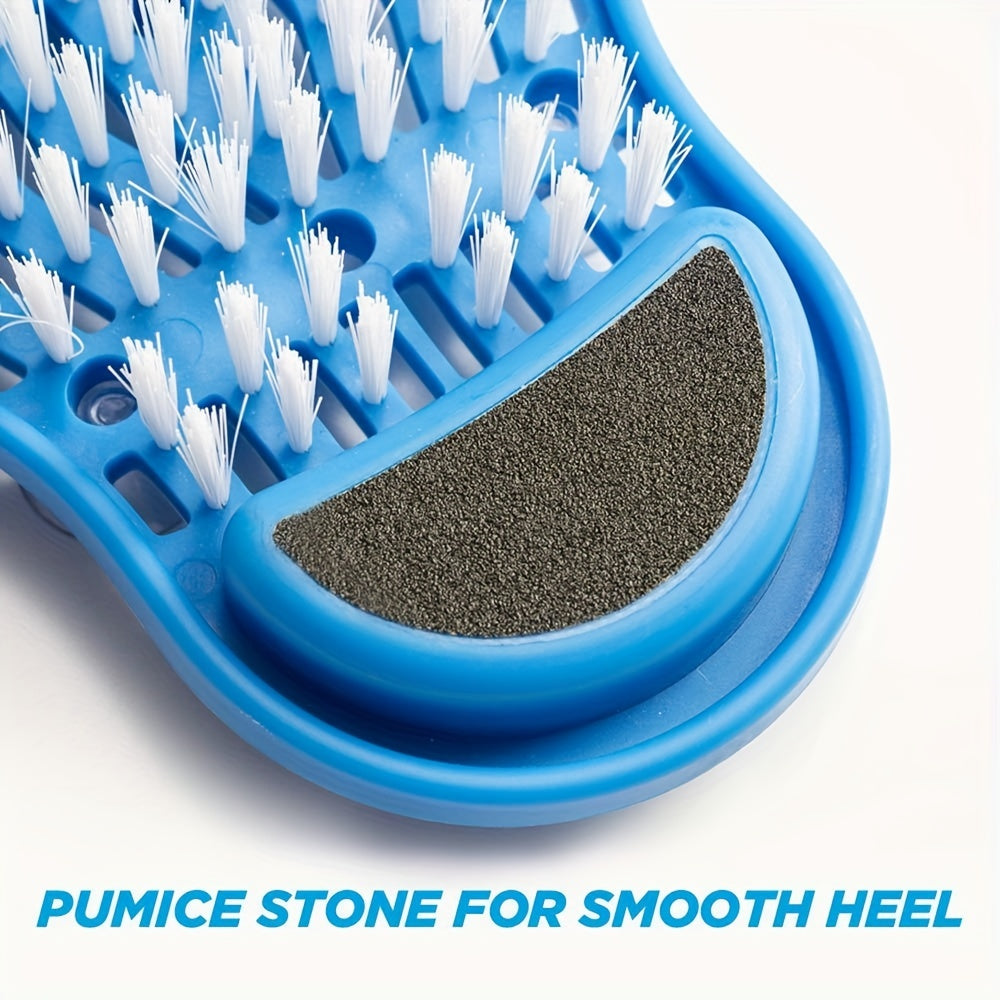 Foot washing brush with suction cup, removes dead skin and massages foot.