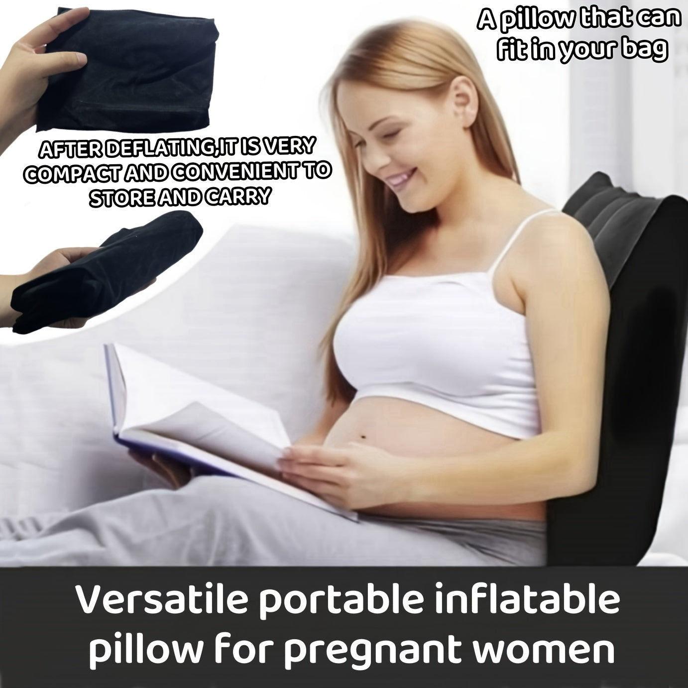 Versatile portable inflatable pillow that can be used as a lumbar pillow, maternity pillow, and more.