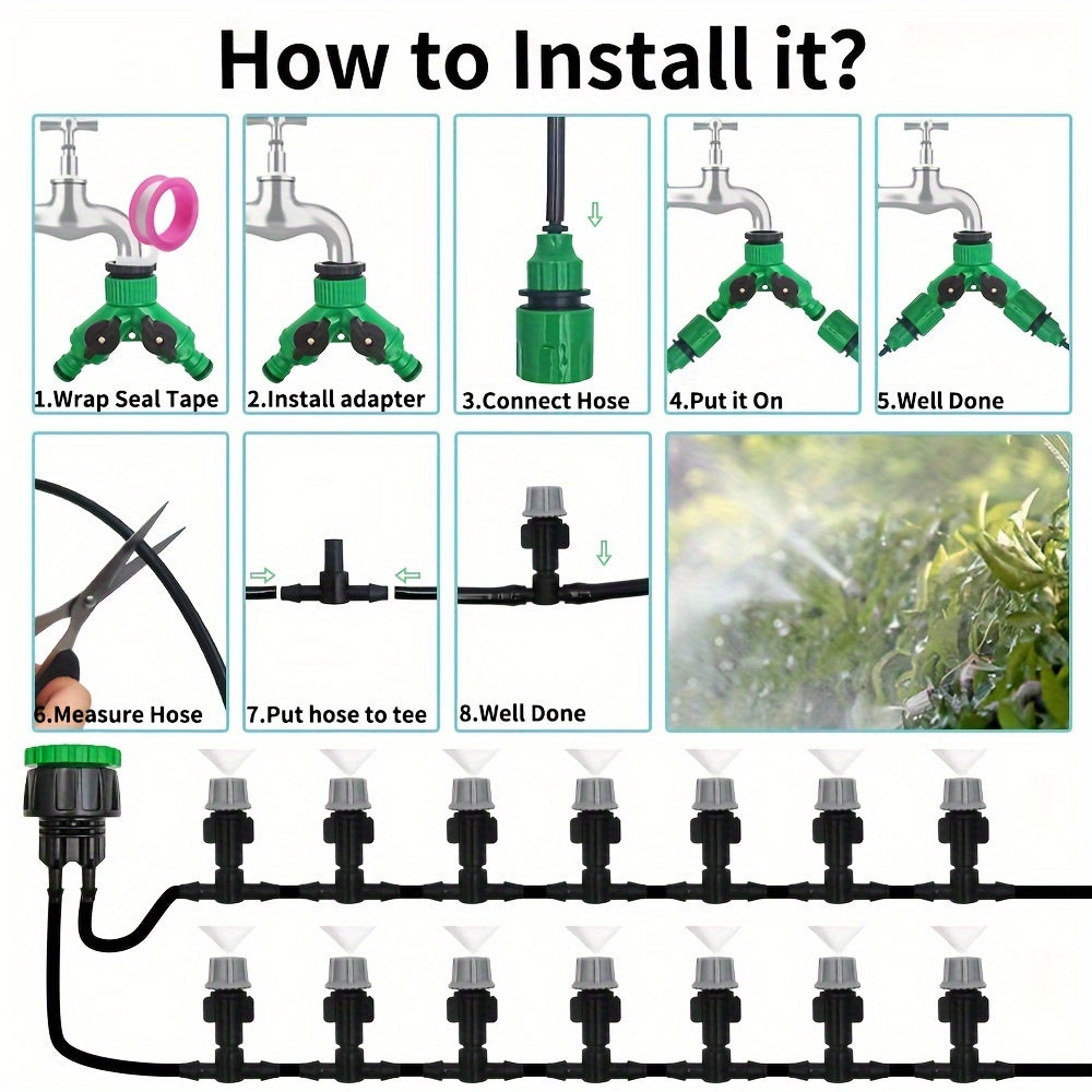 10-20M Automatic Watering System with Portable Mist Fog Nozzles, Garden Hose Spray Head and Tee Connector. Universal in Europe and America, Plastic construction, No electricity required