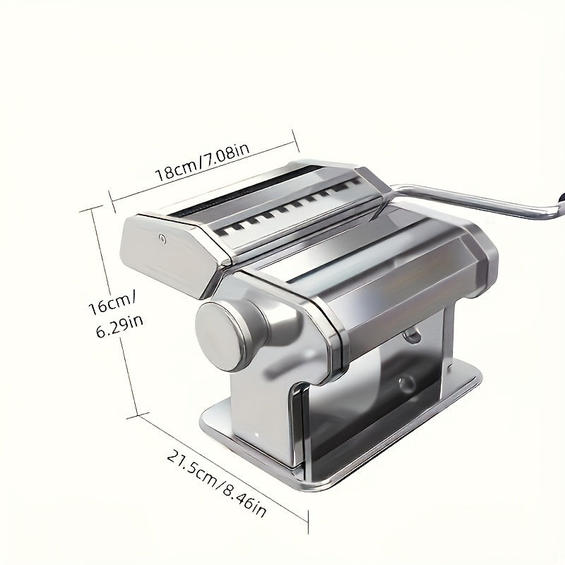 The Stainless Steel Manual Pasta Maker is a must-have kitchen tool for creating homemade spaghetti, fettuccine, and lasagna with adjustable thickness roller.