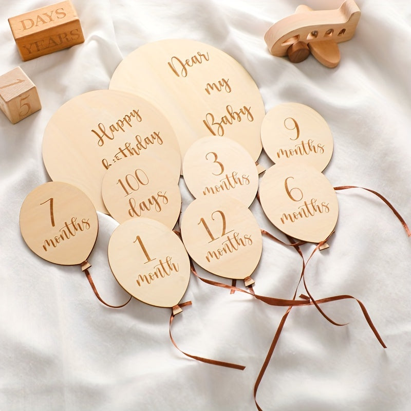 Wooden Milestone Cards for Baby's First Year - Monthly Growth Tracker featuring Balloon Design, Great for Baby Photoshoots & Nursery Decor, Perfect Holiday Gift for Christmas or Halloween