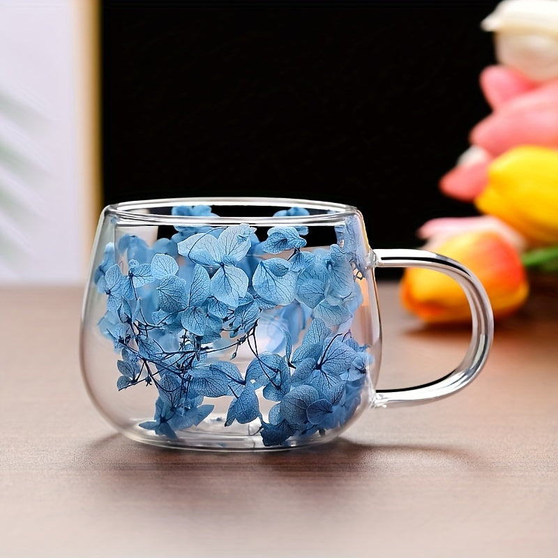 Floral double-walled glass coffee mug, 5oz - insulates hot and cold drinks. Suitable for latte, cappuccino, and iced tea. Reusable, dishwasher safe for home, office, and restaurant use.