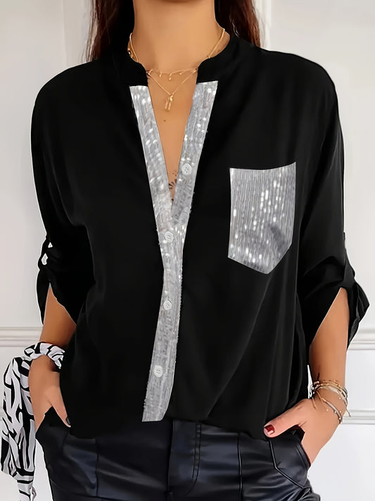 Women's Long-Sleeve Button-Up Shirt with Patch Pockets, Ideal for All Seasons, Designed for Casual Elegance.