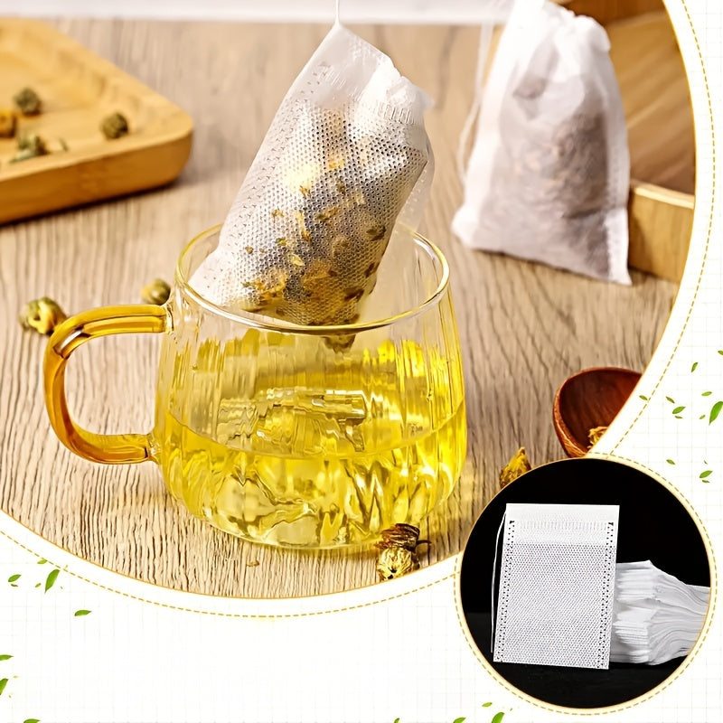 Pack of 100 Premium Disposable Tea Bags - Clear Non-Woven Fabric with Drawstring Closure, Great for Convenient Brewing - Suitable for Home & Business Use, Comes with Extra Scented Tea Leaves