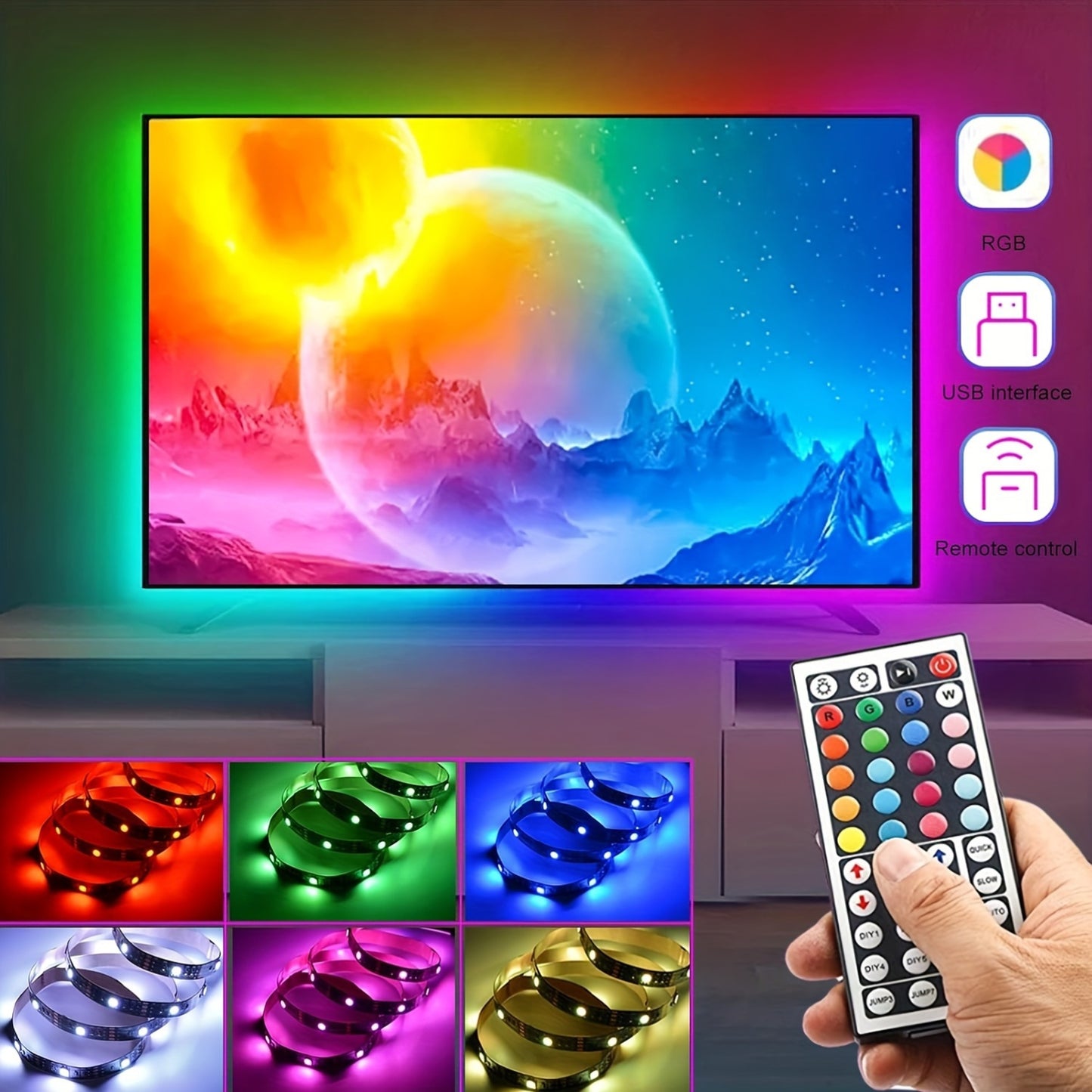 Control LED strip lights wirelessly with an infrared remote to customize RGB lighting and decorate living room atmosphere with flexible ribbon lamp string.