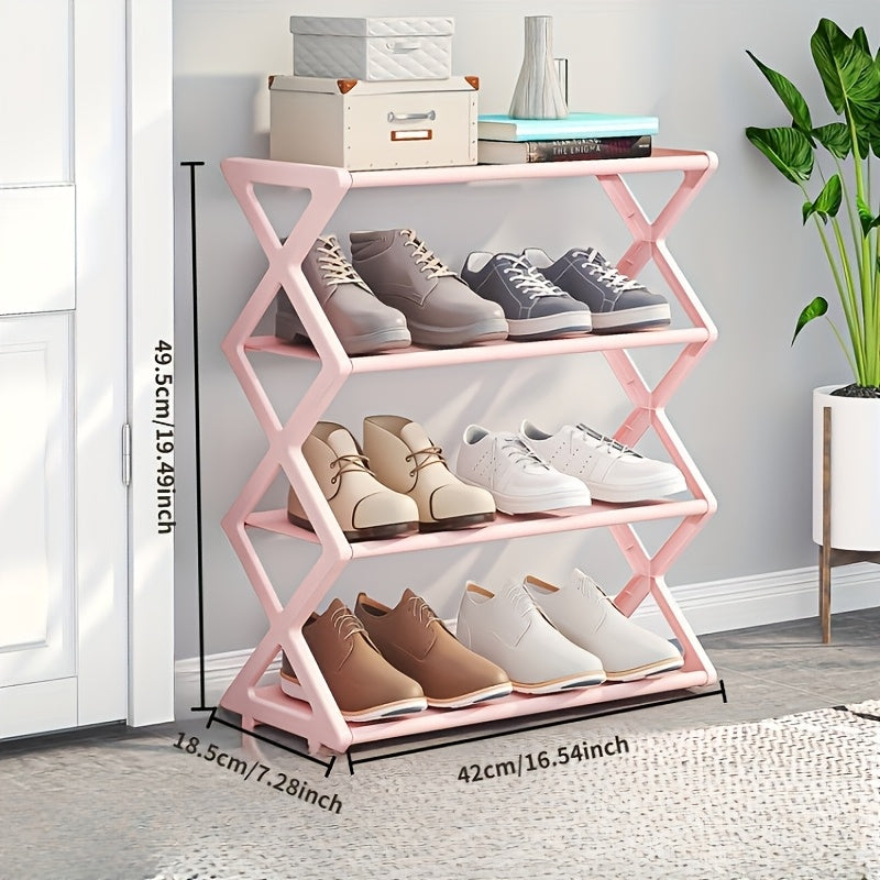 The Black Steel Tube Style X-Shaped Shoe Rack is a convenient and space-saving storage solution for shoes. With a 4-tier design and metal frame, it is easy to assemble and features a dustproof, multi-layer design. Ideal for entryways, bedrooms, and