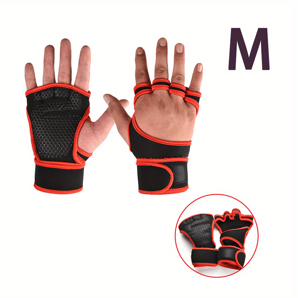 Half finger gym gloves with adjustable wrist support, ideal for pull-ups, barbell lifting and weightlifting. Made of breathable polyester fabric with hook-and-loop fastener closure in