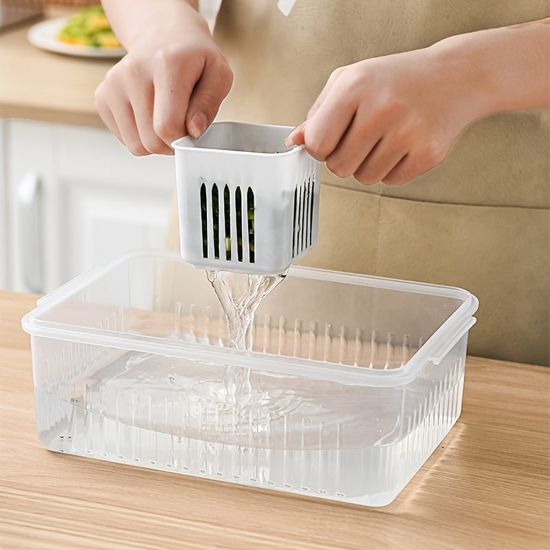 Kitchen Scallion Storage Box with 6 compartments for scallions, ginger, garlic, and other fresh ingredients. The box is designed to keep your fruits and vegetables fresh in the refrigerator, with a built-in drain feature for easy cleaning.