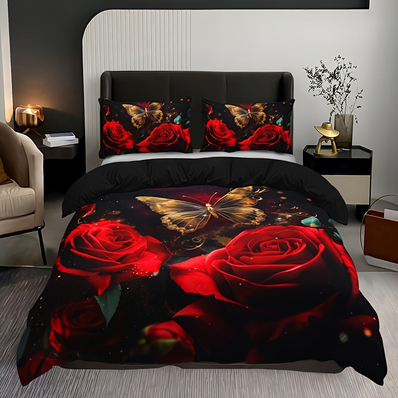 3-piece Romantic Rose Butterfly 3D Duvet Cover Set with 2 Pillowcases. Soft and breathable with HD printing for home or dorm decor.