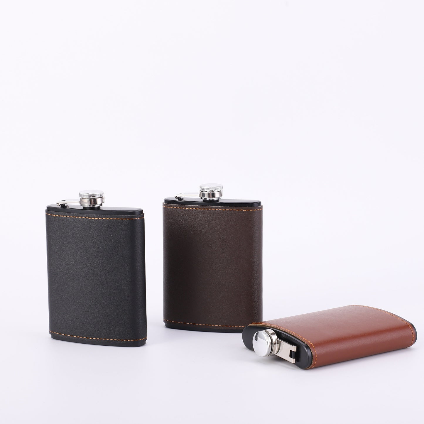 The most popular option is the 1-piece 8-ounce stainless steel hip flask with a faux leather case. Available in sleek black or brown with a polished finish, this flask is portable and perfect for outdoor camping and travel. It's ideal for storing liquor