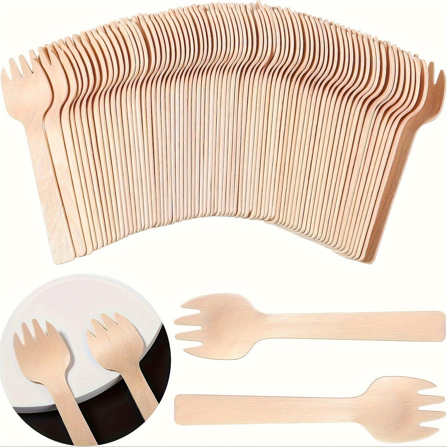 100 pieces of disposable birch wooden mini forks measuring 10.16 cm, perfect for parties and gatherings like Mardi Gras, graduations, birthdays, Christmas, weddings, and camping. Ideal for serving cake, dessert, and ice cream.