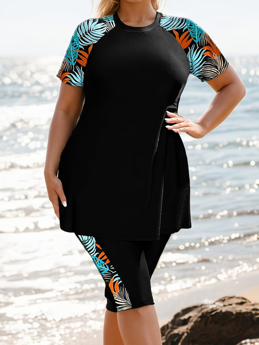 Plus-size women's surf outfit with short-sleeve top and seven-point pants in printed and solid colors, perfect for beach vacations and surfing.