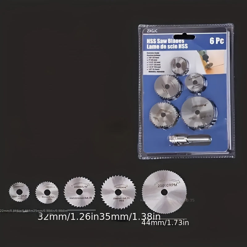 Set of 6 mini circular saw blades made of high-speed steel, waterproof, with chain saw disc. Ideal for precision cutting in wood and aluminum.