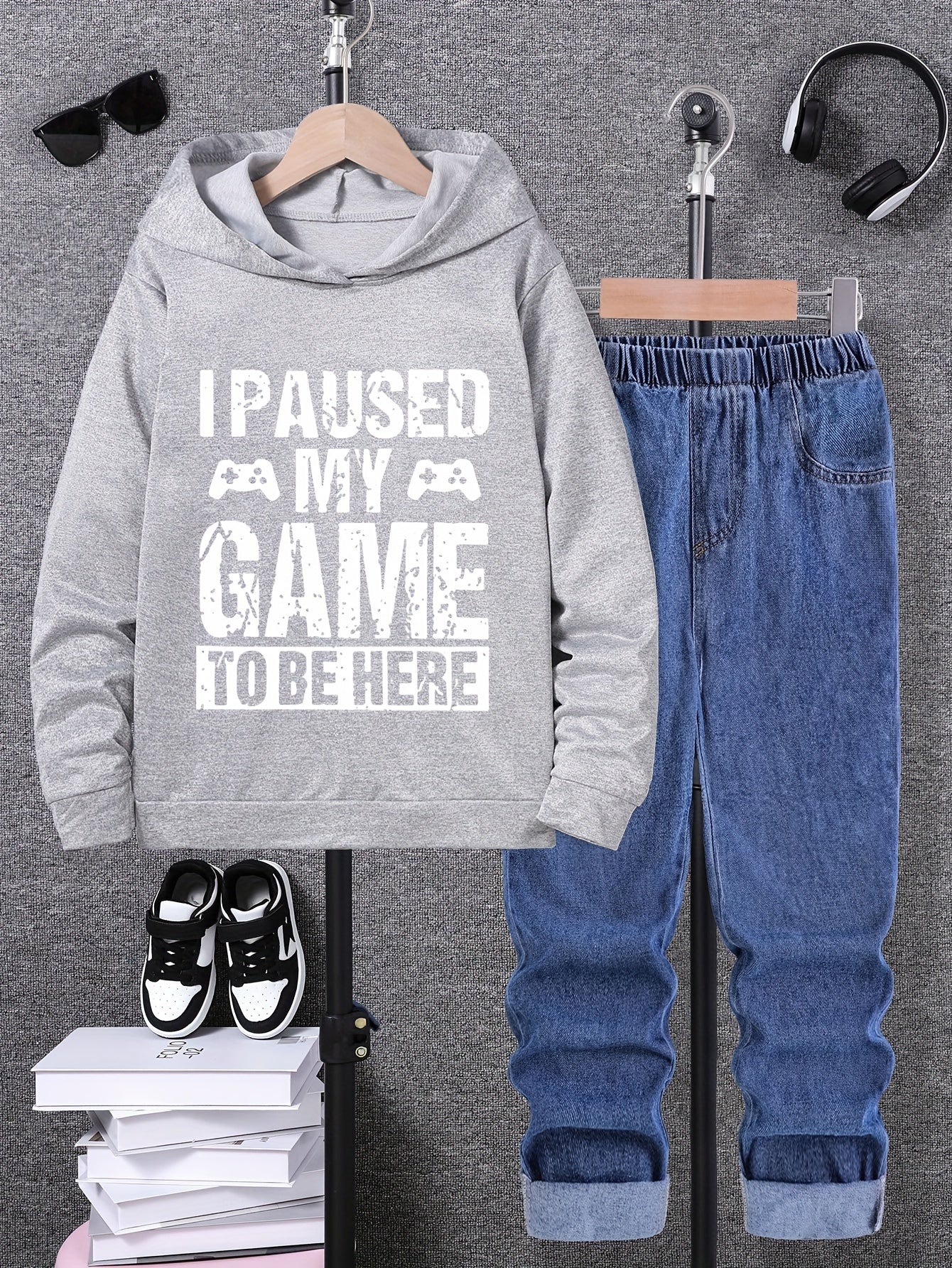 Boys' casual two-piece set with letter print sweatshirt and jeans, ideal for outdoor wear.