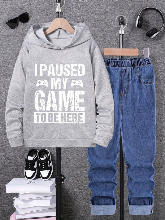 Boys' casual two-piece set with letter print sweatshirt and jeans, ideal for outdoor wear.