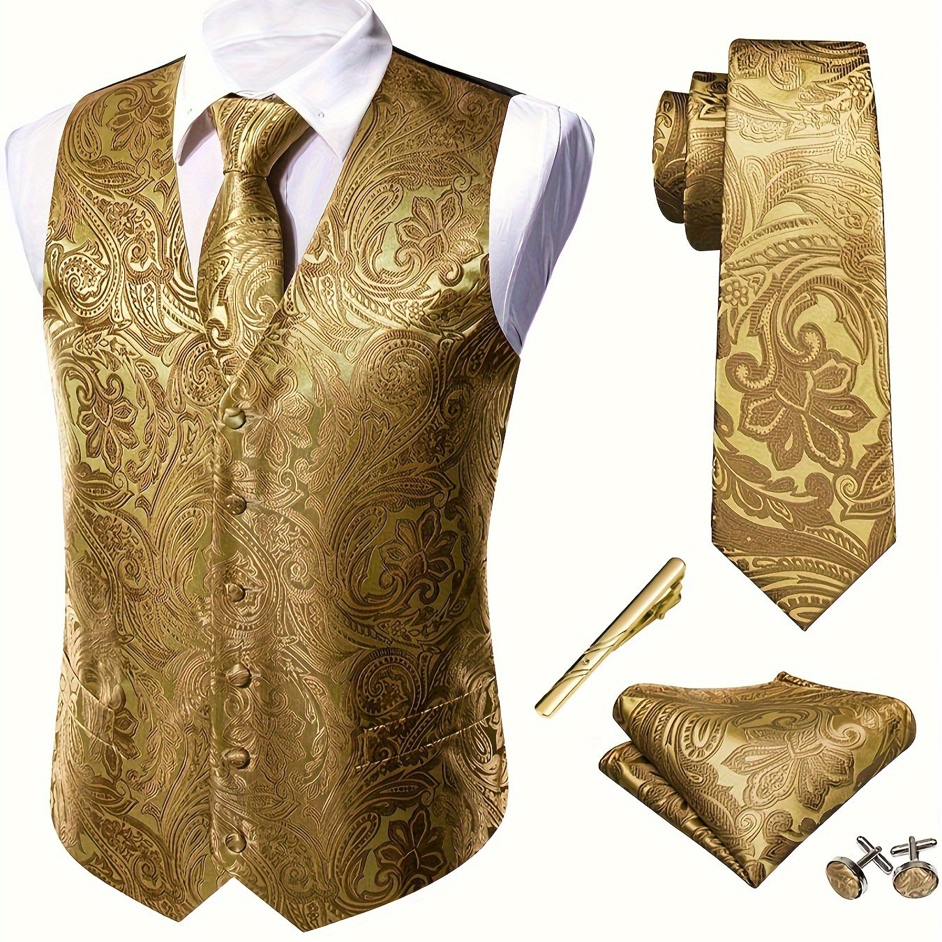 Royal golden floral jacquard V-neck vest suit set for plus size men, perfect for weddings.