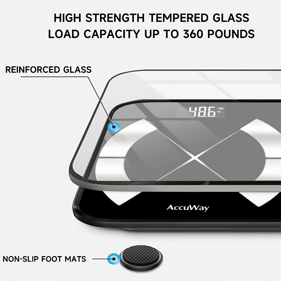 ACCUWAY Smart Bathroom Scale with precision, HD display, 181.44KG capacity, BMI & muscle moisture analysis, and mobile app connectivity.