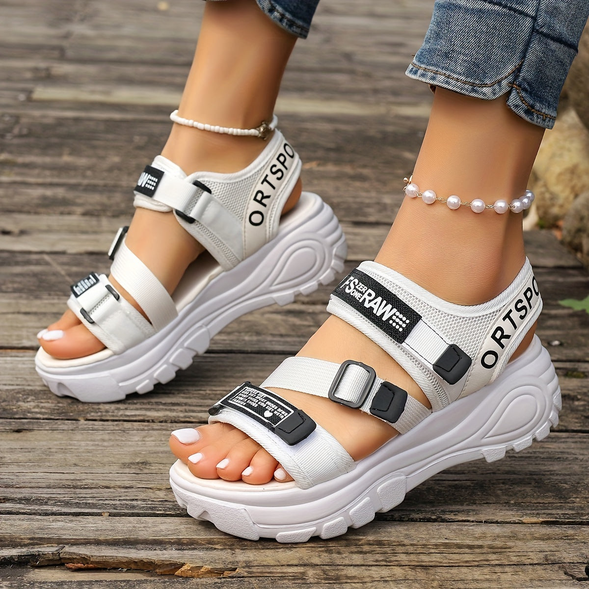 Women's thick sole sports sandals, heightening beach shoes, trendy casual sandals.