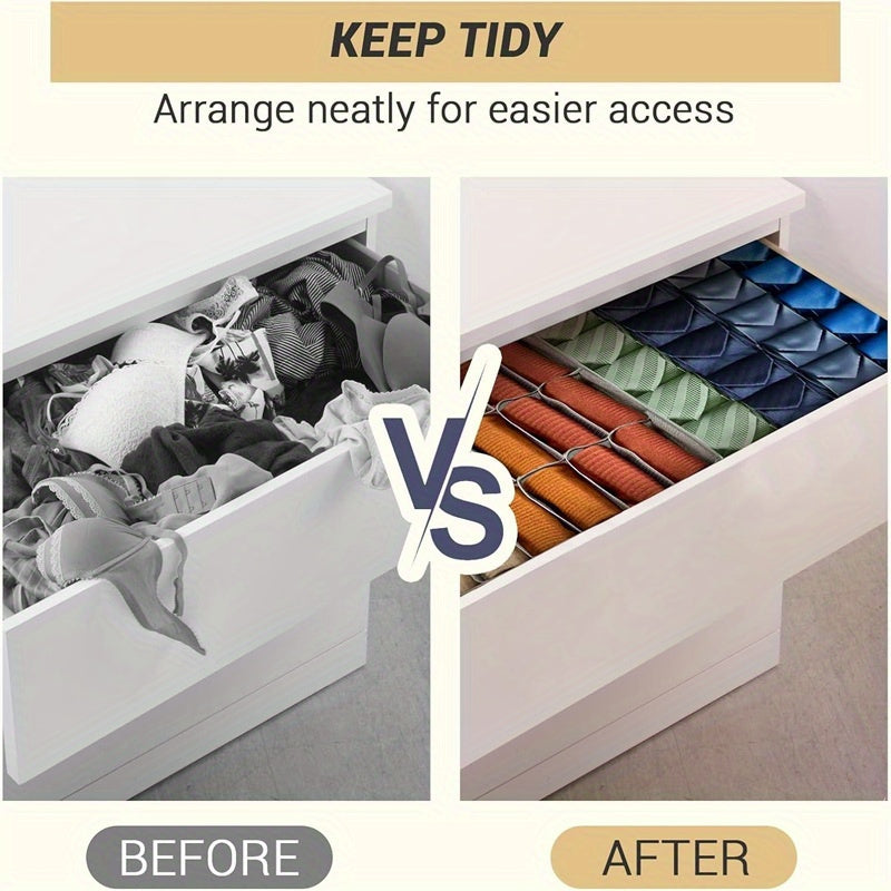 Durable Polyester Fabric Drawer Divider with Partitions - Versatile Foldable Storage Organizer for Socks, Underwear, and Ties, Easy-Access