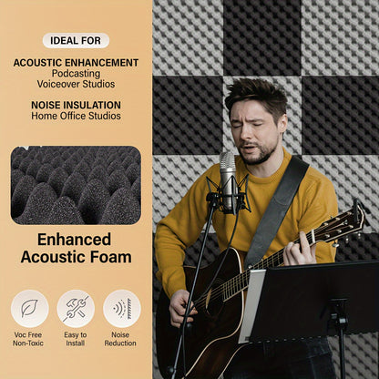 12-pack acoustic foam panels for music studio with high-density soundproofing foam tiles in egg crate design, suitable for walls, doors, and ceilings in black, white, and grey.