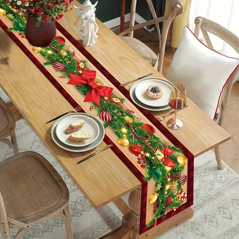 1pc Linen Table Runner featuring a Merry Christmas Ball Buffalo Plaid Pattern, perfect for adding a festive touch to your home decor or as a holiday gift.