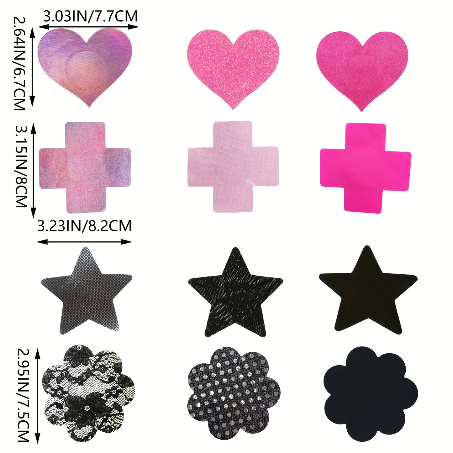 Set of 12 sexy black breast stickers, featuring cute pink girl design for nipple decoration.