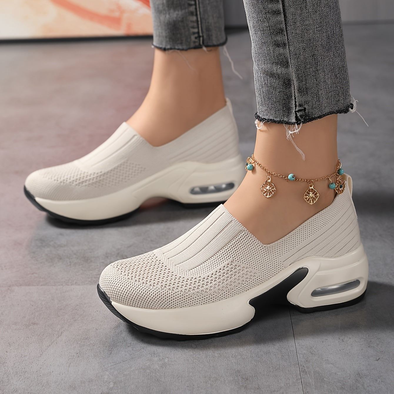 Spring fashion sneakers for women with breathable mesh upper, cushioned air sole, slip-on design and casual sports functionality.