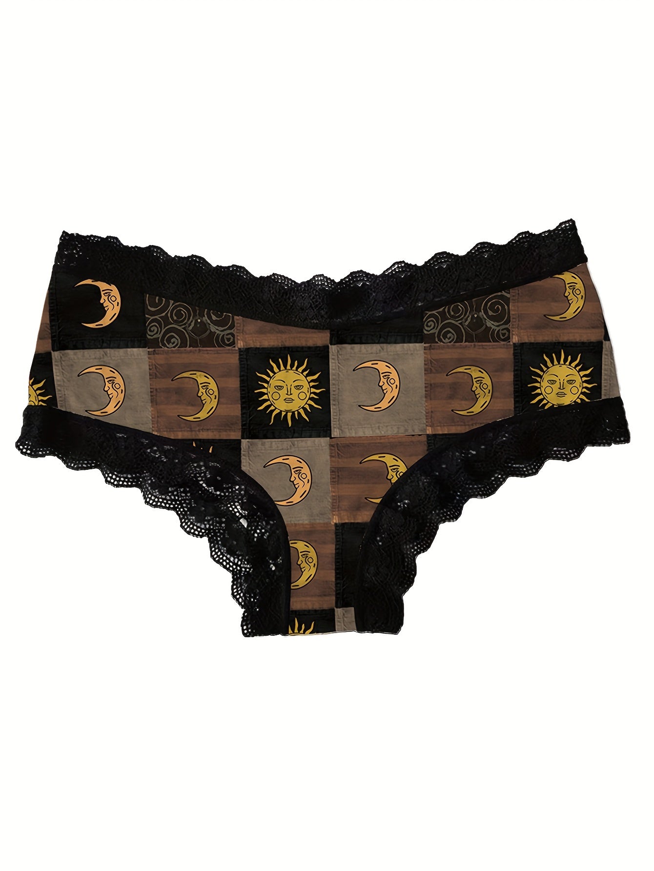 Moon & Sun Print Lace Trim Briefs - Comfy, Breathable, Stretchy Intimates for Women