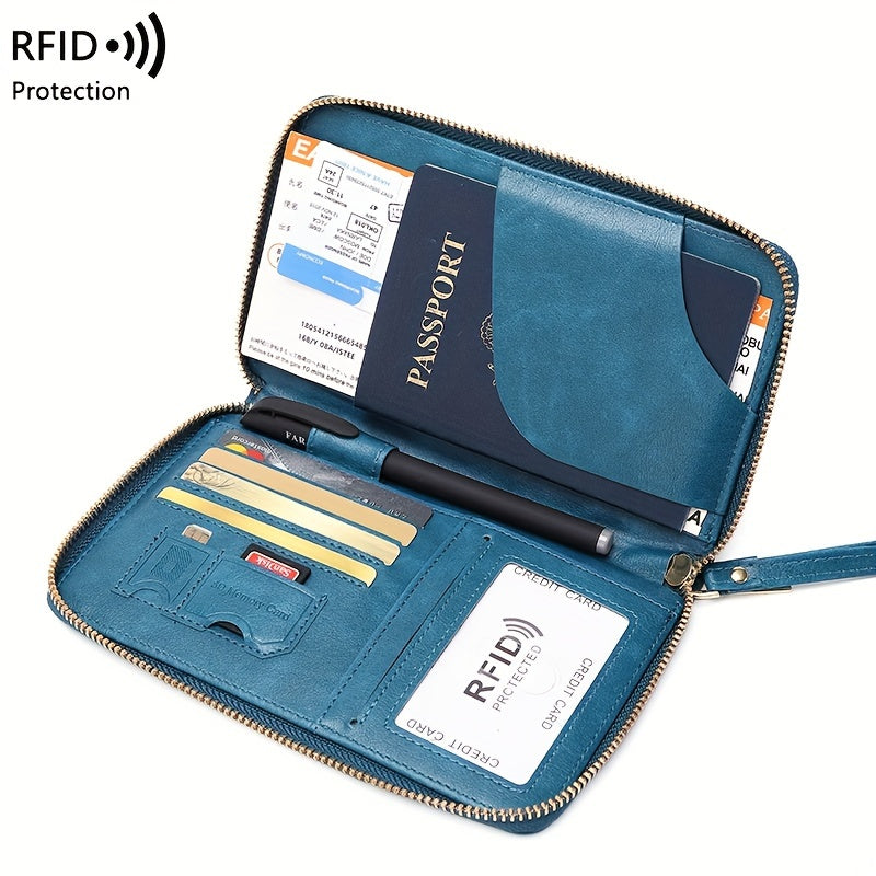 Brown PU travel wallet with RFID blocking for passports, cards, tickets, and IDs. Zipper closure and wrist strap, compact design with multiple compartments for secure organization.