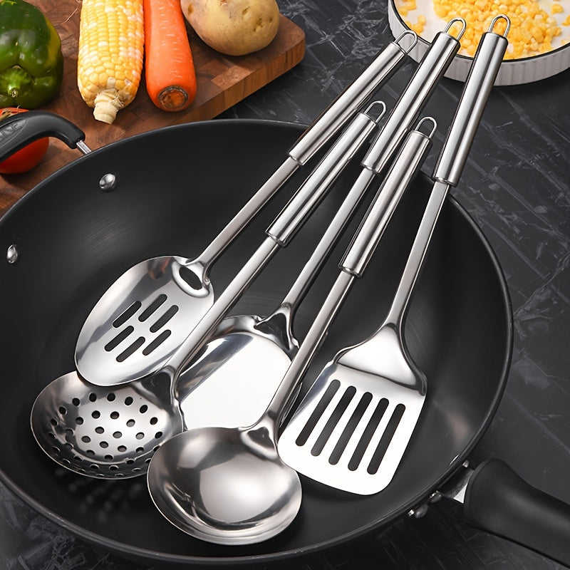 High-quality Stainless Steel Kitchen Utensil Set - Spatula, Ladle, Strainer, Turner, and Rice Paddle Included - Sturdy Cooking Tools Ideal for Home and Restaurant kitchens.