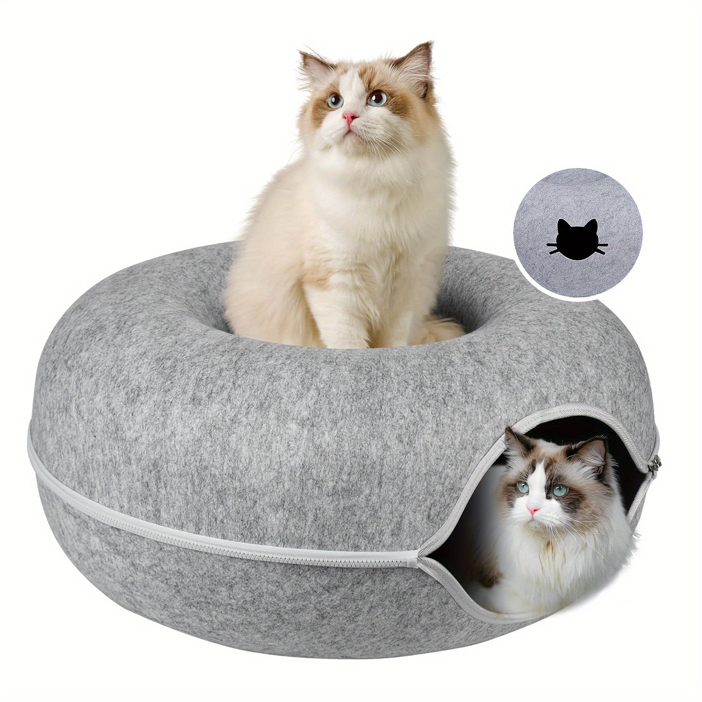 Versatile cat tunnel bed made of cozy wool felt in gray, with foldable design and zippered split for easy cleaning. Perfect for play, sofa, or bed use.