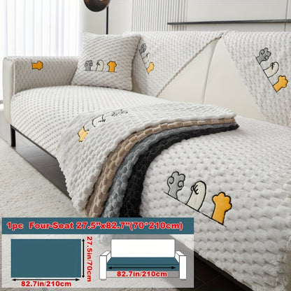 Modern honeycomb fleece sofa cover with embroidered design, pet-friendly protection for furniture, plush slipcover for various sofas. One-piece design with anti-slip backing for home and office decor.