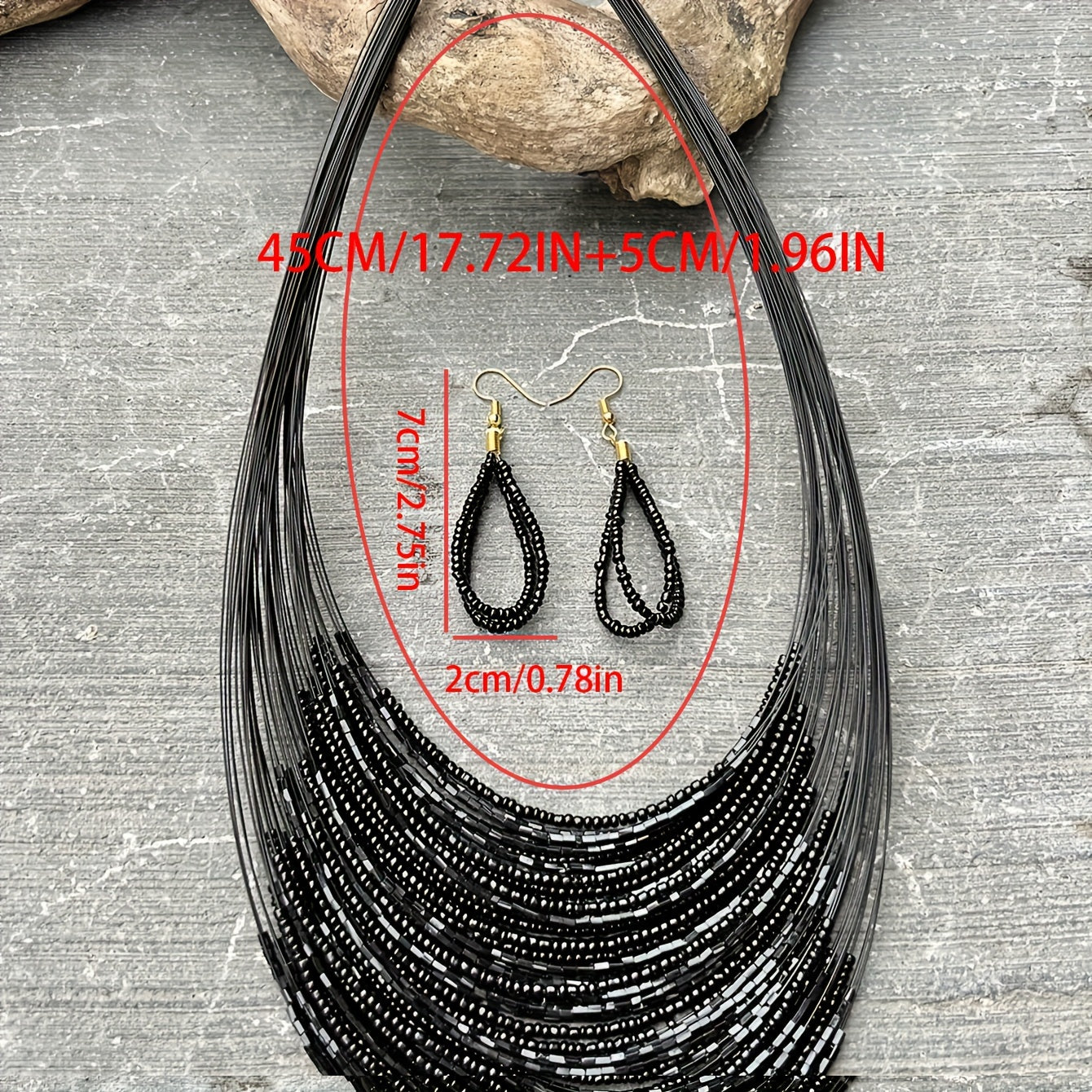 A set of three handmade earrings and a necklace crafted from elegant black beads in a multi-layer design, representing both evil and mystery. Perfect accessories to complete your daily outfits or add flair to your party attire.