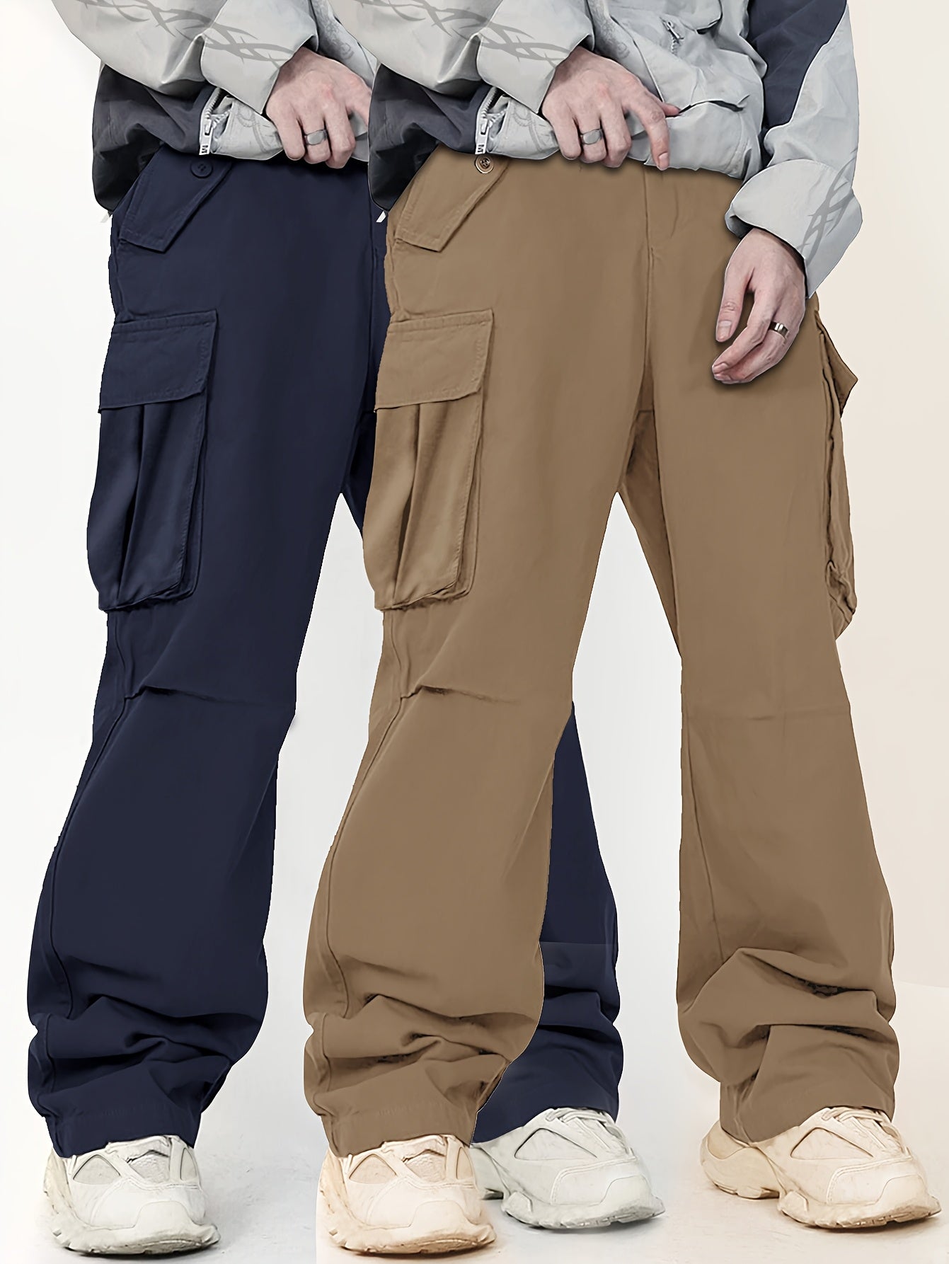 Two men's casual cargo pants with flap pockets in a solid color, loose fit, made of machine-washable polyester.