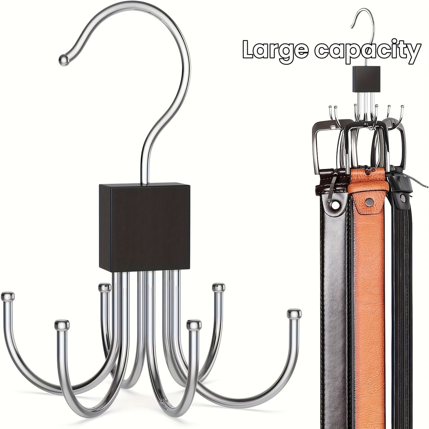 Rotating Wood Belt Hanger Organizer with Stainless Steel Hanging Hooks - High Capacity Storage for Belts, Bras, Ties, Scarves, Vests, and More - Stylish Addition to Your Closet