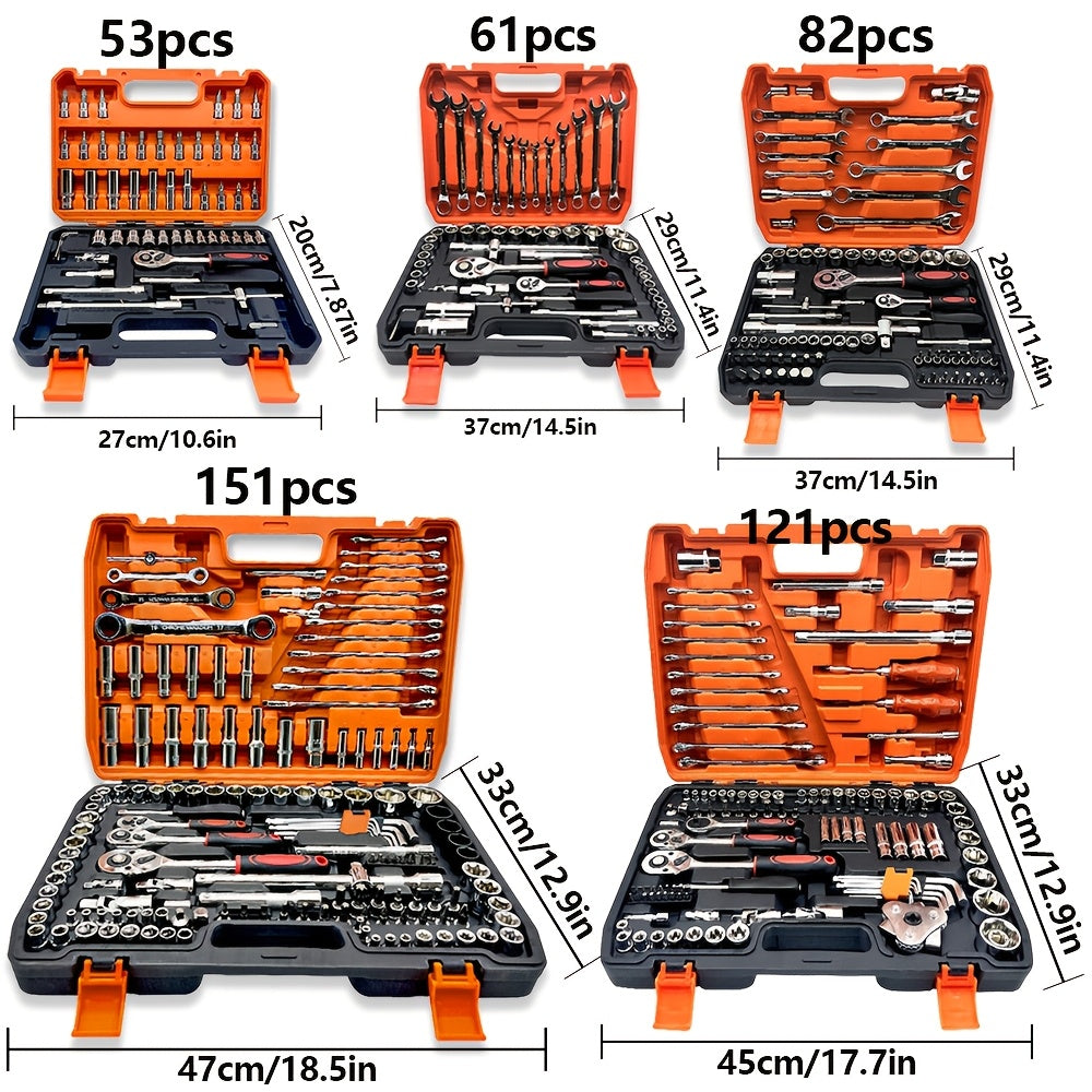 53/82/121/151 pcs of Stainless Steel Automotive Repair Tool Kits with Quick Ratchet Wrenches for Off-Road Motorcycles And Bicycle Maintenance - Complete Automotive Repair Accessories