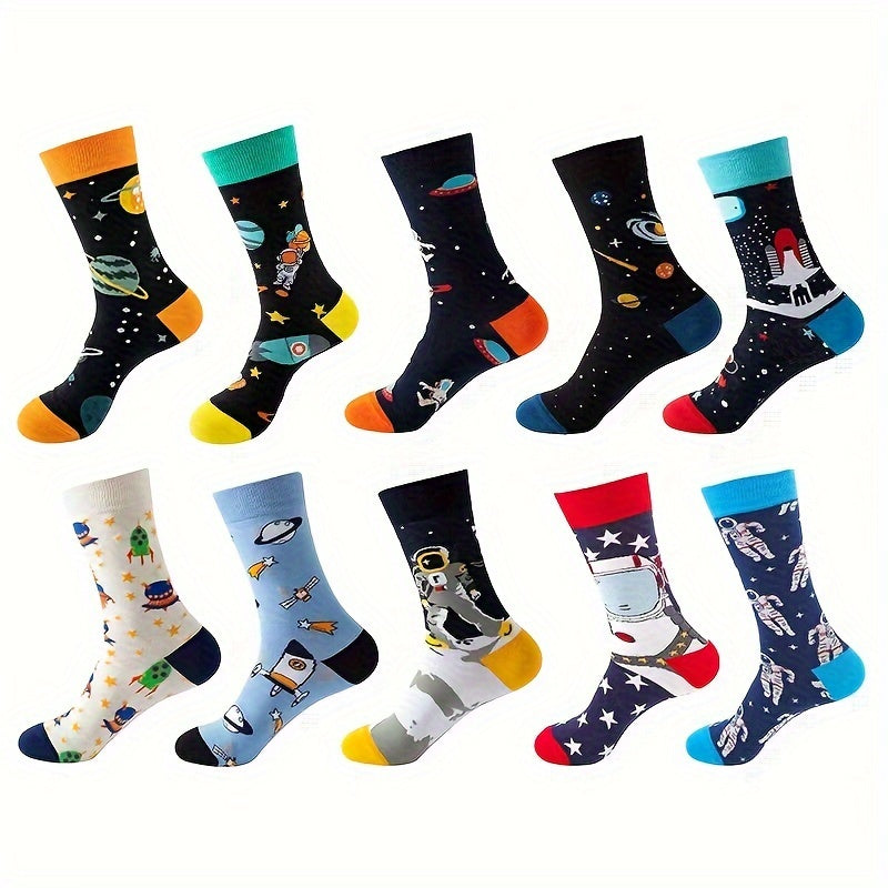 10 pairs of men's trendy cartoon anime pattern crew socks, breathable cotton blend, comfy casual unisex socks for all seasons.