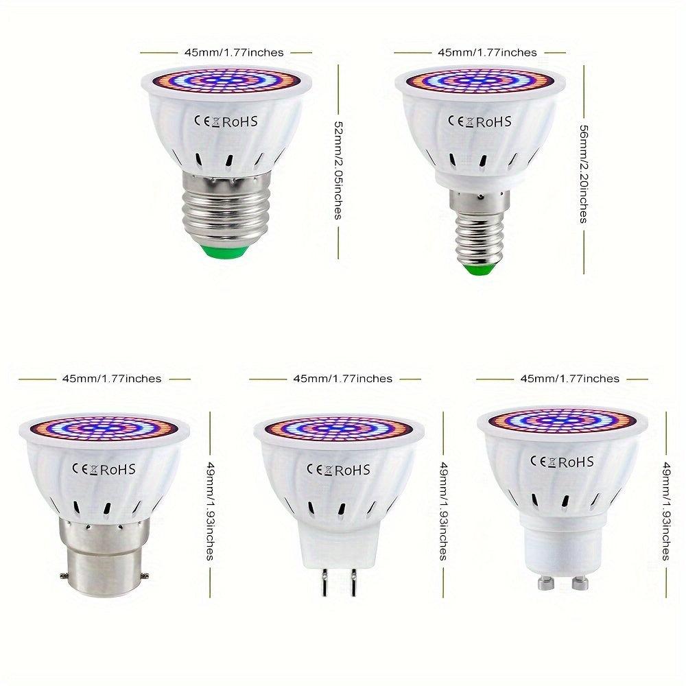 LED grow light bulb with full spectrum, 220V, compatible with E27 & GU10, suitable for indoor plants, hydroponics, succulents, and seedlings. Has UV IR for plant growth, available in red