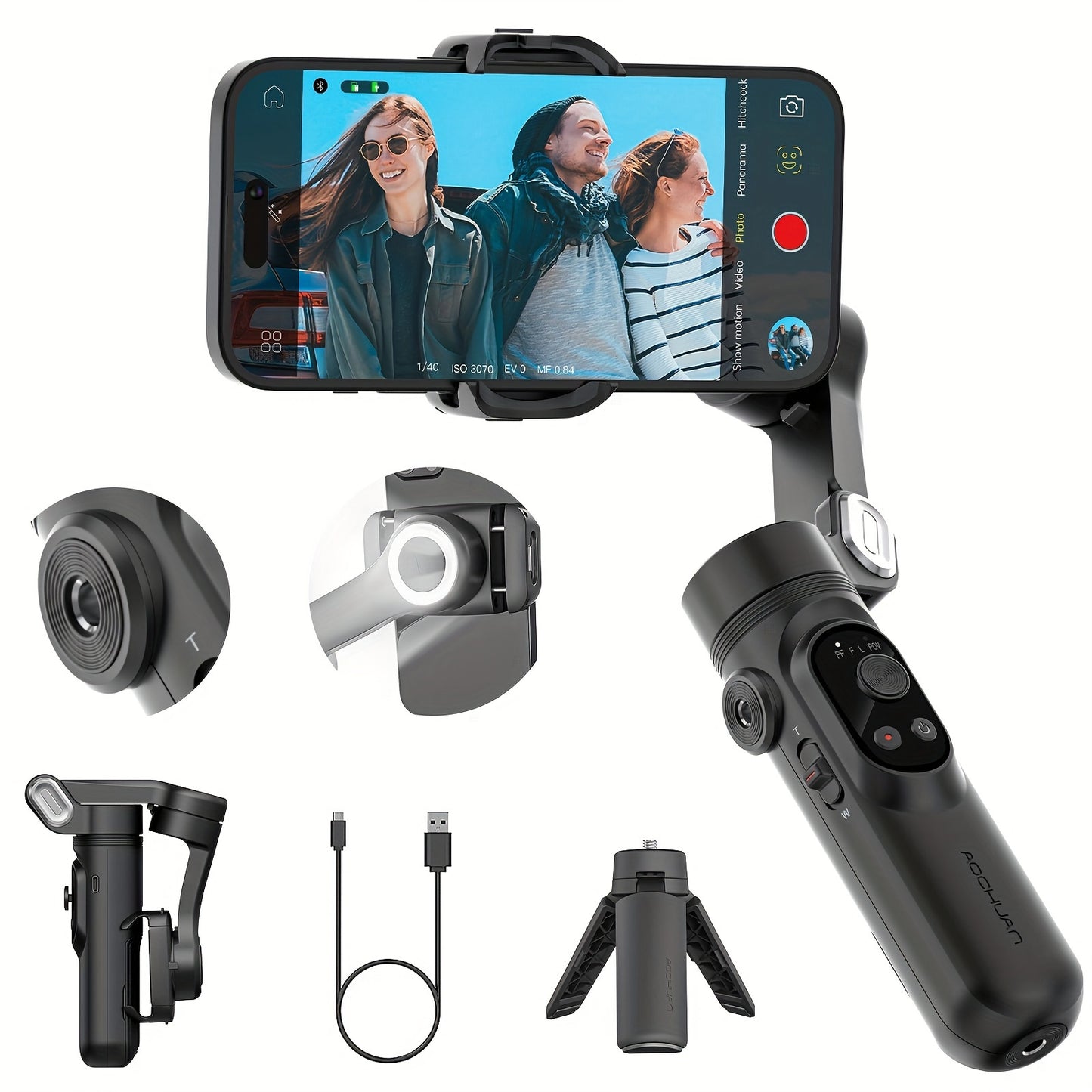 AOCHUAN Smart X Smartphone Gimbal Stabilizer with Built-in LED Light, 3-axis Foldable, Suitable for Vlogging on iPhone and Android.