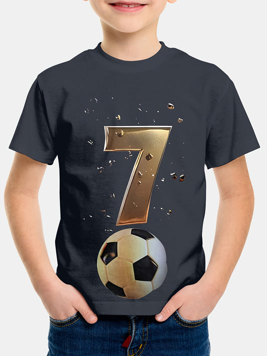 Soccer jersey t-shirt for boys featuring vibrant football player graphic, short sleeve, crew neck, and stretchable polyester fabric, ideal for playtime and outdoor activities.