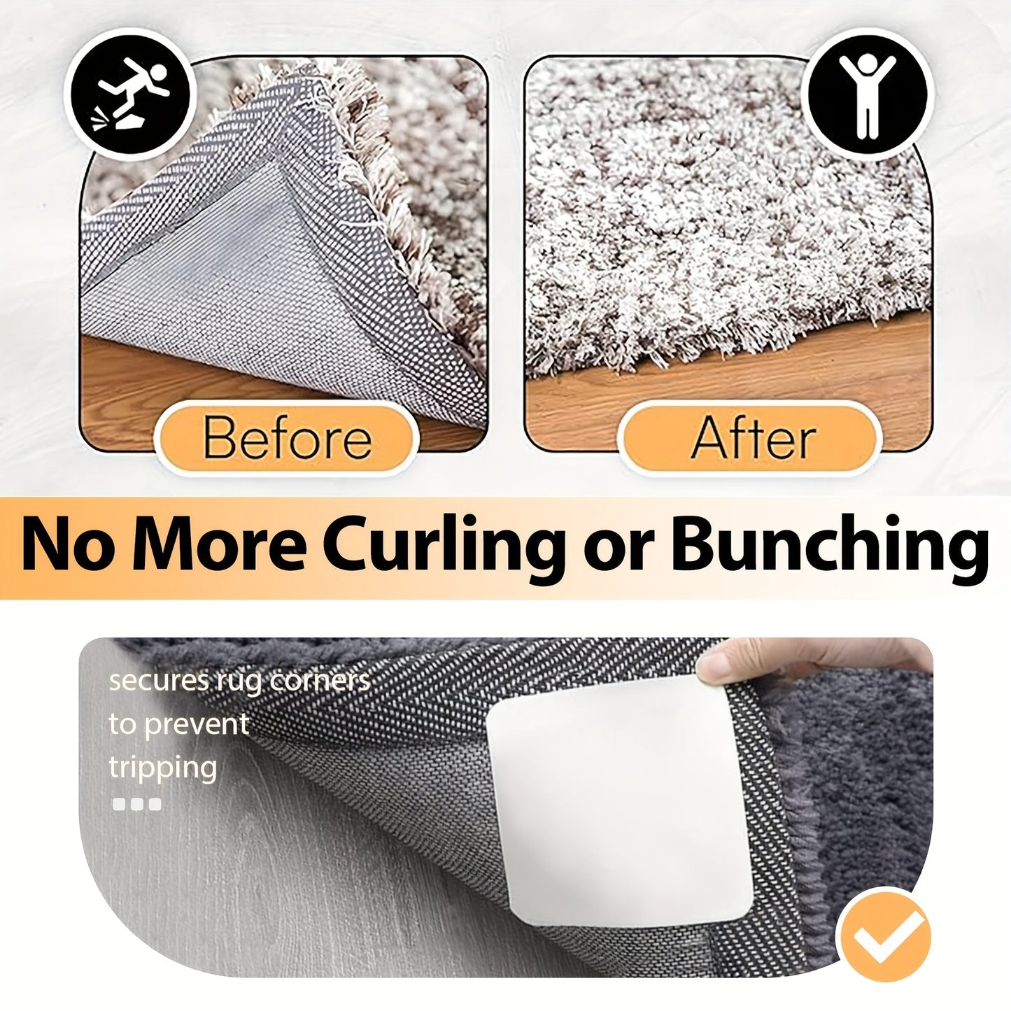 Get a set of 4/8 pieces of Rug Gripper that are anti-slip carpet stickers in a size of 3.15*3.15 inches/8*8 cm square. These rug tapes are perfect for hardwood floors and tiles and are anti-drilling for use in bedrooms, kitchens, and balconies. They are