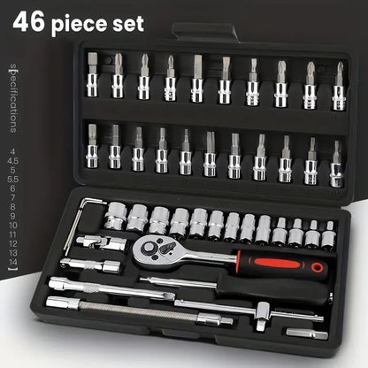 46pcs Ratchet Wrench Set made of durable Chrome-Vanadium Steel with Telescopic Extension Rod. Suitable for automotive and home repairs. Comes with premium storage box, uncharged and no